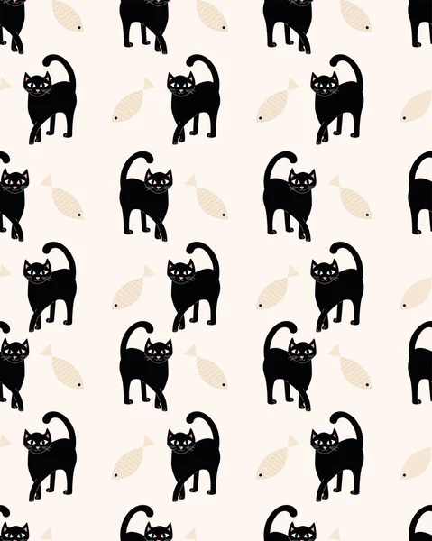 Візерунок Чорними Кішками Бежевою Рибою Бежевому Фоні Векторні Ілюстрації Тварини — стоковий вектор