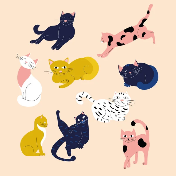 Set Con Gatos Diferentes Razas Colores Ilustración Vectorial — Vector de stock