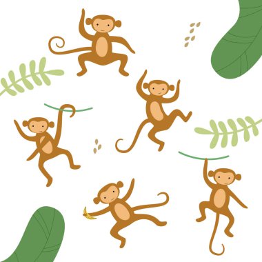 Çekici maymunların vektör seti. Afrika kahverengi maymunu ormanda farklı pozlarda duruyor. Aile ve bitkilerdeki maymun sürüsü. Maymun deseni. Boyama kitabı, tekstil, duvar kağıdı, çizgi film.