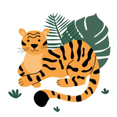 Komik bir turuncu kaplan çimenlerde oturur ve izler. Palmiye yaprakları. Beyaz arka planda izole edilmiş vahşi, sevimli yırtıcı kediler. Vektör düz resimleme.