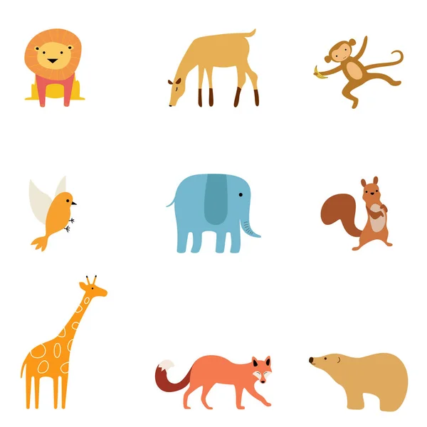 Conjunto Vetores Animais Desenhados Bonitos Raposa Vermelha Girafa Amarela Esquilo — Vetor de Stock