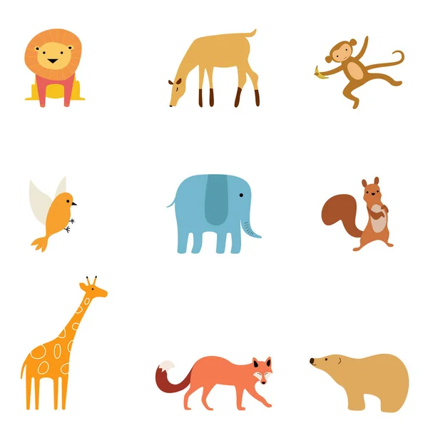 Vector Set Cute Drawn Animals Red Fox Yellow Giraffe Squirrel — Stock Vector