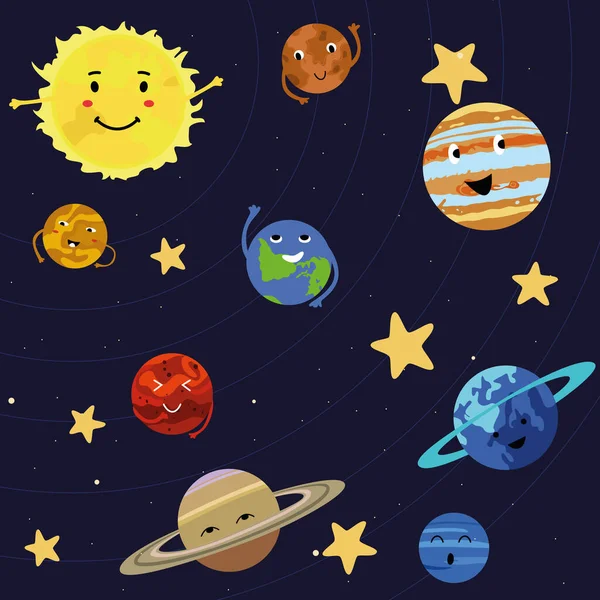 Naprendszer Bolygói Kecsesen Keringenek Nap Körül Pályájukon Űrgalaxis Csillagok Nap — Stock Vector