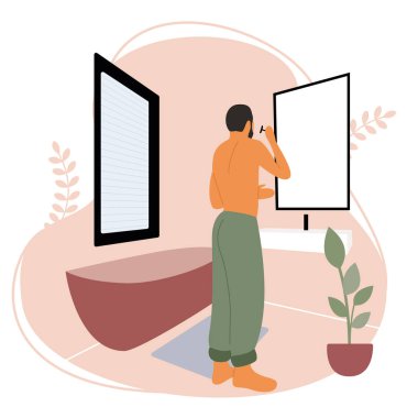 Adamın biri banyoda aynanın önünde pijamalarıyla sakalını tıraş ediyor. Banyo içi, vektör çizimi. Kişisel Bakım Adamı.