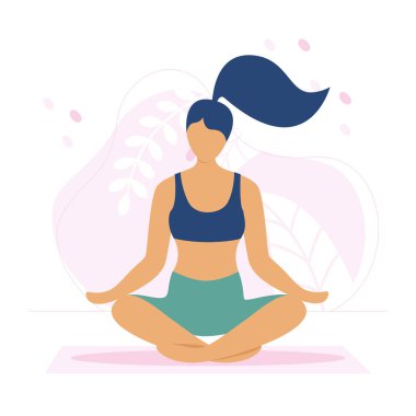 Kadın lotus pozisyonunda meditasyon yapıyor. Düz biçimdeki şirin vektör illüstrasyonu. 
