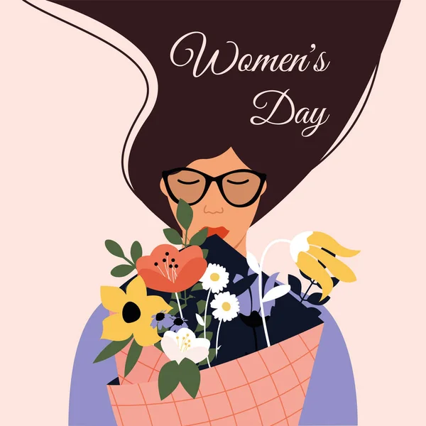 Woman Glasses Long Hair Holds Bouquet Flowers Congratulations March Women — Stock Vector