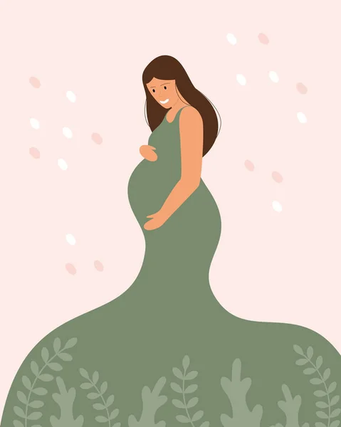 Jovem Grávida Abraça Sua Barriga Grande Vestido Verde Numa Mulher —  Vetores de Stock