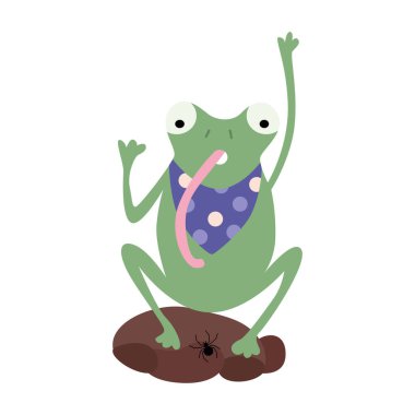 Çizgi film yeşil kurbağası ya da bir örümcekle yemek yiyen kurbağa. Vektör düz resimleme.