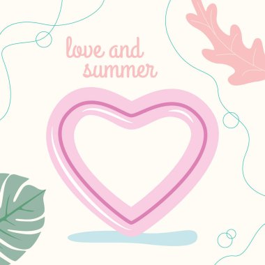 Su birikintisindeki pembe kalp şeklinde şişirilebilir bir daire. Palmiye ağaçlarının arka planında vektör illüstrasyonu.