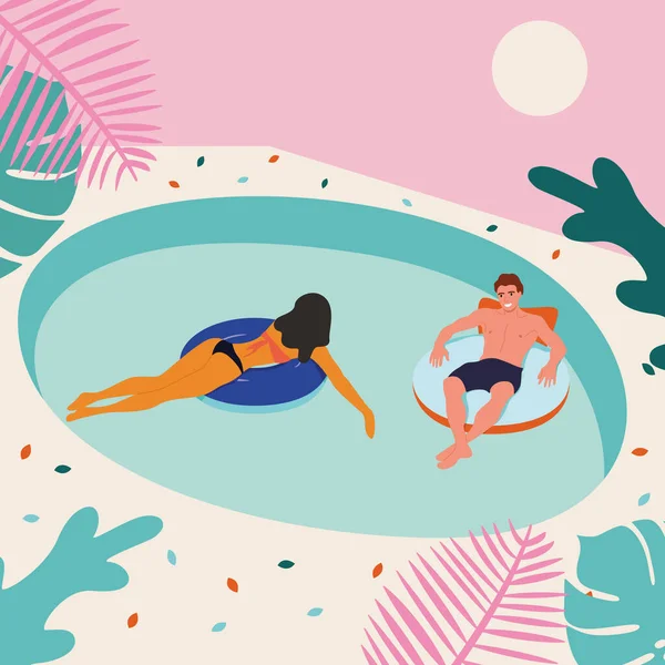 Broer Zus Relaxen Vakantie Een Zwembad Met Palmbomen — Stockvector