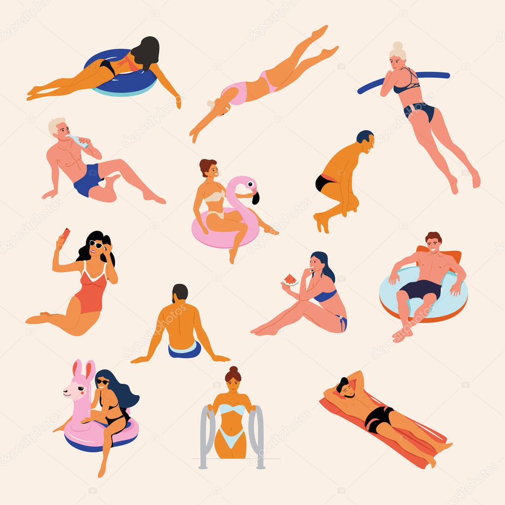 Vector set of people for a summer party in different swimwear isolated on vacation.