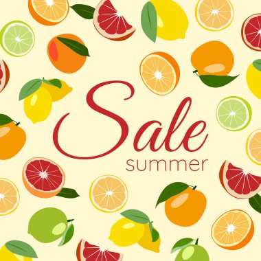 Yaz indirimleri için limon, limon ve greyfurt dilimli vektör pankartı limon arka planında yatıyor..