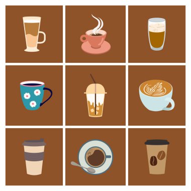Kahve temalı vektör içecekleri. Her içki kendi kahverengi arka planında izole edilir. Kahve, bardak, bardak, kapuçino..