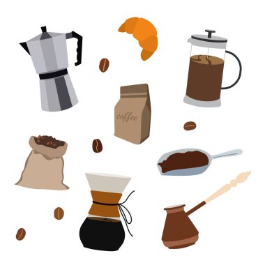 Kahve, çaydanlık, kruvasan, tahıl, kahve torbası, espresso, americano için vektör seti..