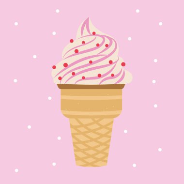 Pembe soslu waffle bardağında dondurma külahı. Vektör duvar kağıdı illüstrasyonu