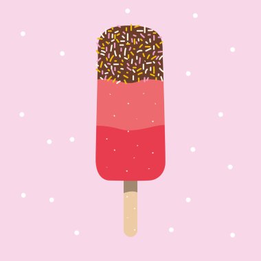 Çubuktaki vektör dondurması üç renkten oluşur: kırmızı, pembe, çikolata ve üzerine şeker serpiştirilmiş..