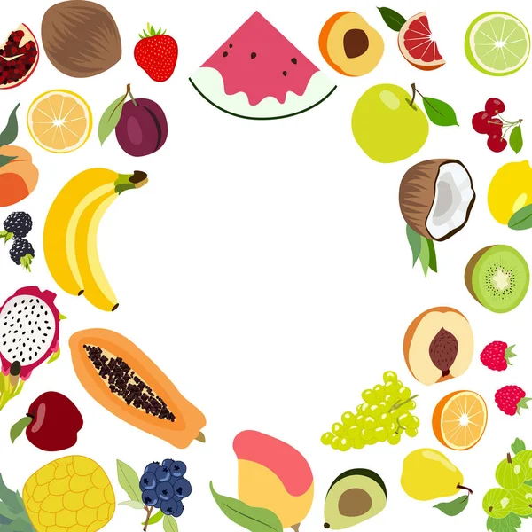 Set Vector Vegetables Fruits Berries Collected Circle Coconut Strawberry Pineapple — Stock Vector