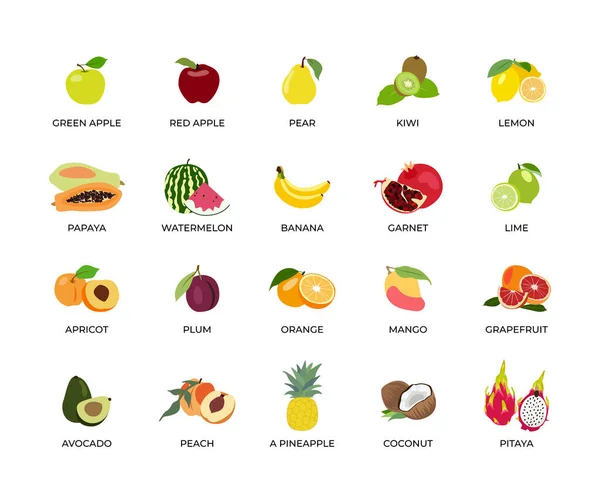 Beyaz arkaplanda bir yazı olan izole tatlı meyveler. Yeşil elma, kırmızı elma, armut, kivi, limon, papaya, karpuz, muz, nar meyvesi, kayısı, erik