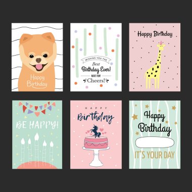 Vektör doğum günü kartları. Yalan makinesi, baskı, kartpostal, tebrik, hediye, mektup, pasta, mum, zürafa, doğum günü şapkası, doğum günü, tatil.