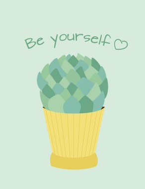 Yeşil arka planda izole edilmiş sarı bir saksıda ev kaktüsü. Bitkiler ve dikenler. Vektör düz resimleme.