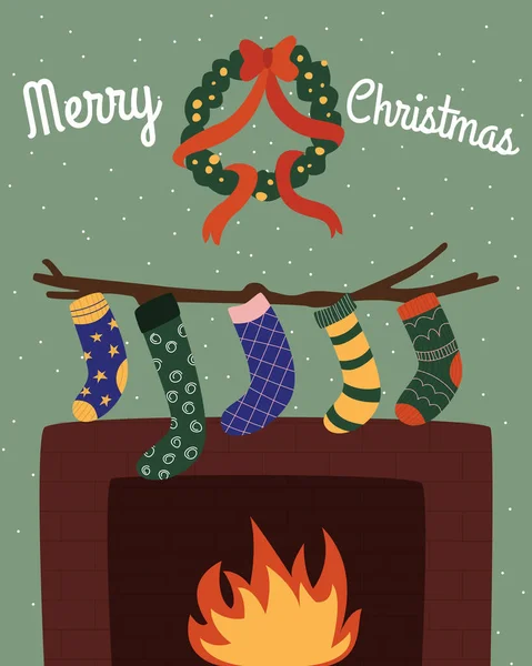 Vánoční Ponožky Věnec Visí Nad Krbem Ohněm Vánoce Šťastný Nový — Stockový vektor