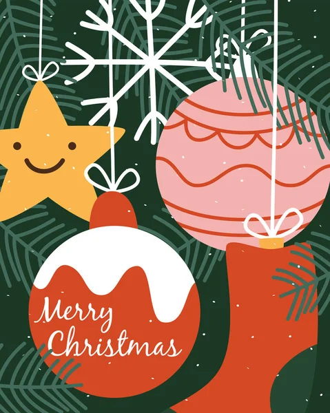 Pozdrav Vánoční Přání Veselé Vánoce Plakát Novoroční Hračkou Vánoční Stromek — Stockový vektor