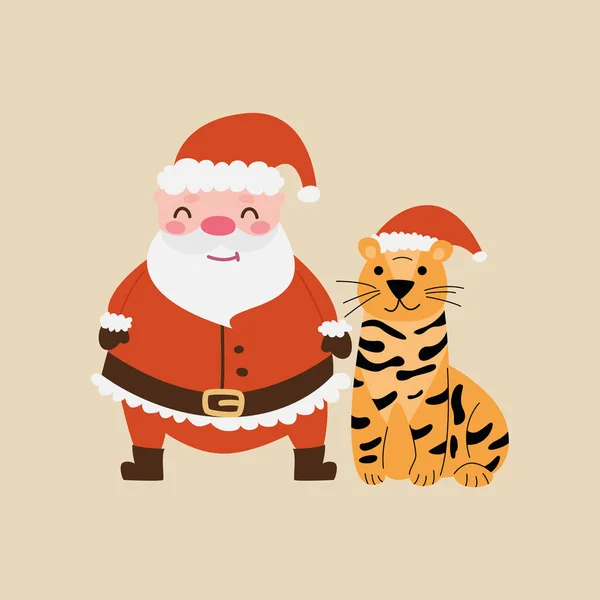 Vektorillustration Mit Einer Cartoonfigur Des Weihnachtsmannes Neben Dem Ein Tiger — Stockvektor
