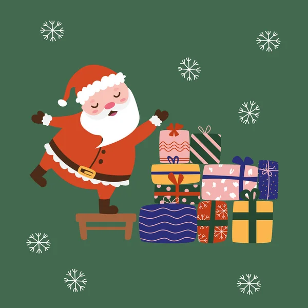 Cartoon Figur Weihnachtsmann Steht Auf Einem Hocker Und Bereitet Geschenke — Stockvektor