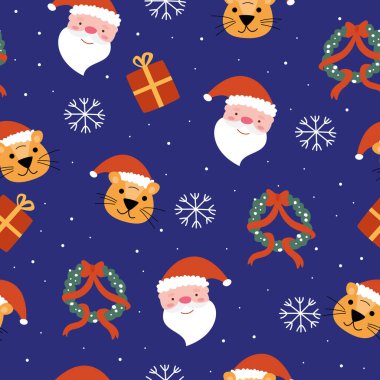 Yeni yıl kaplan tasarımlı kusursuz desen ve mavi arka planda Noel çelengi. Paket kağıdı veya yazdırma için vektör illüstrasyon düzeyi.