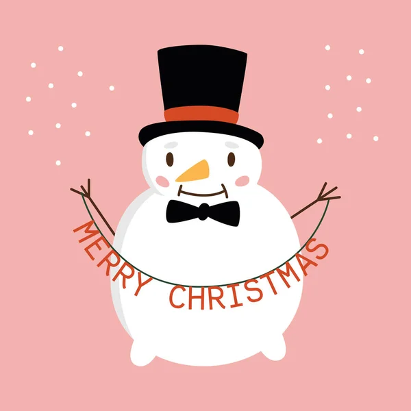 Roztomilý Kreslený Sněhulák Kouzelník Černou Čepicí Hlavě Cedulí Veselé Vánoce — Stockový vektor