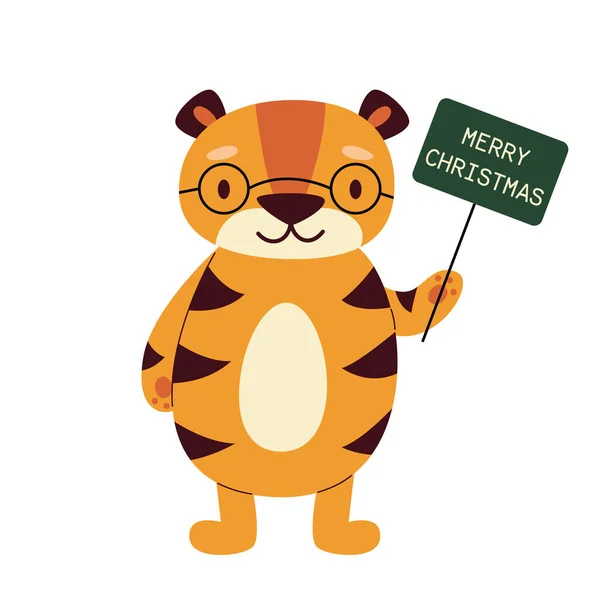 Smart Cartoon Tiger Mit Brille Hält Ein Schild Mit Glückwünschen — Stockvektor