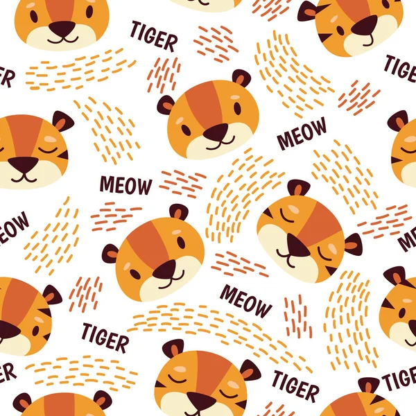 Zökkenőmentes Minta Aranyos Rajzfilm Tigris Absztrakt Design Vektor Lapos Illusztráció — Stock Vector