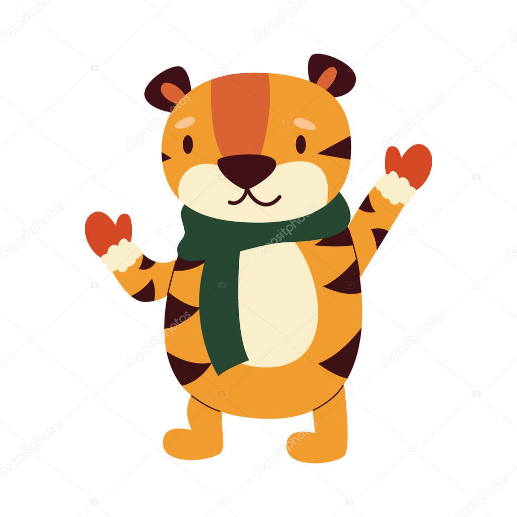 A kind cartoon tiger in red mittens and a green scarf warmed up for winter. Vector flat illustration