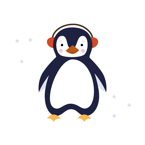 白い背景に隔離されたヘッドフォンで青い漫画ペンギン ベクター動物イラスト — ストックベクタ
