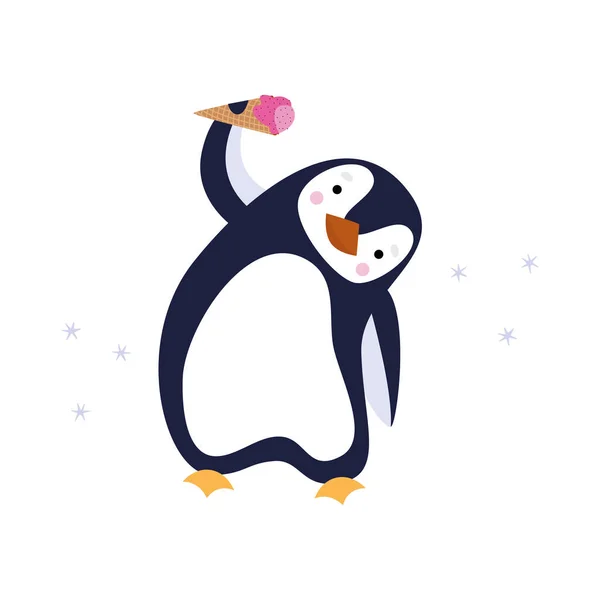 白い背景に隔離されたアイスクリームを食べることを試みるかわいいペンギン ベクトル平図 — ストックベクタ