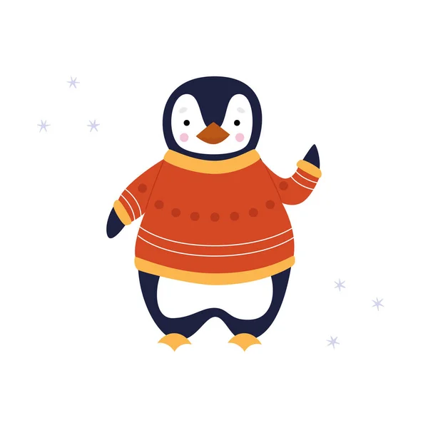 かわいいペンギンが赤いクリスマスのセーターの中に立って 彼の翼 こんにちは を振っています ベクトル平図 — ストックベクタ