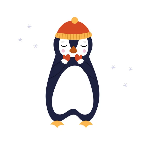 かわいいペンギンが赤い帽子と手袋に立っています グリーティングカードまたは壁紙 — ストックベクタ