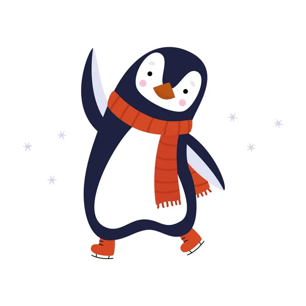 赤いスカーフ スケート 彼の翼をフラップを身に着けているペンギン グリーティングカードまたは壁紙 — ストックベクタ