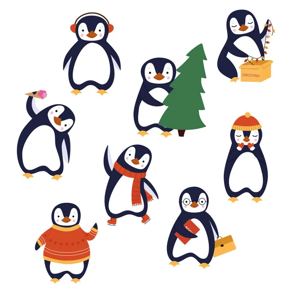 Conjunto Natal Pinguins Azuis Bonitos Isolados Fundo Branco Ilustração Plana — Vetor de Stock