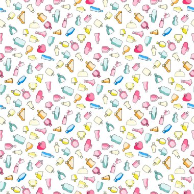 Renkli el çekilmiş şirin parfüm şişeleri sorunsuz vektör desen