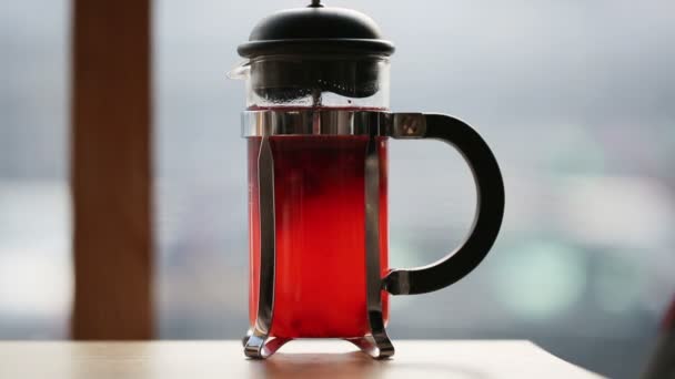 Glass Teapot With Fruit Tea, French press — Stock Video