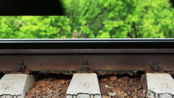 Ruota del treno su una rotaia. Primo piano — Video Stock