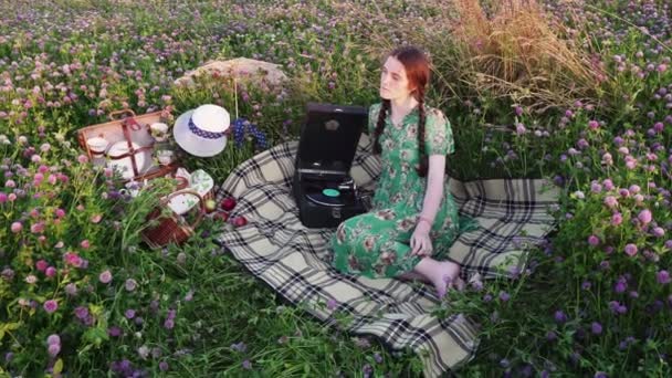 Jeune fille sur pique-nique dans la prairie écoutant le disque sur gramophone vintage — Video