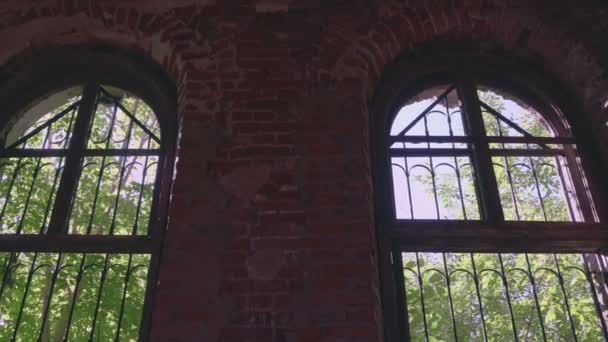 Vista interior al bosque al aire libre a través de una vieja ventana en ruinas — Vídeo de stock