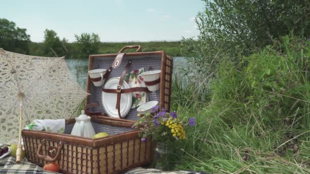 Ретро-пикник у реки 4 — стоковое видео