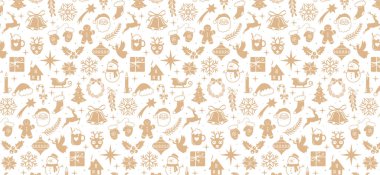Altın süslemeli Noel arkaplanı, kışın Noel ikonlarıyla kusursuz desenli tatiller