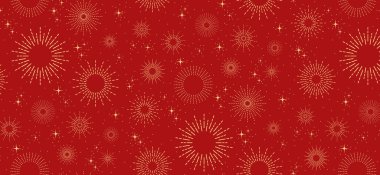 Kırmızı Noel arka planında altın havai fişekler ve yıldızlar. Parlak kıvılcımlı, kusursuz bir tatil modeli.