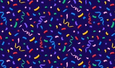 Konfeti arka planı. Renkli yılan desenli şeritler, kurdeleler ve yıldızlar mavi arka plana düşüyor. Kutlama kusursuz desen