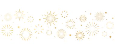 İzole edilmiş arka planda altın havai fişeklerle ve yıldızlarla tatil sınırı. Kutlama, Noel, yıldönümü, yeni yıl vektör pankartı