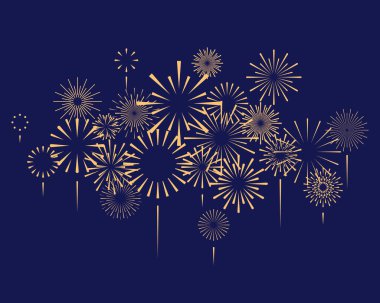 Mavi arkaplanda havai fişek görüntüleme vektör grafik simgesi. Tatil, kutlama, yeni yıl illüstrasyonu, kart, poster, afiş için izole edilmiş altın havai fişekler.